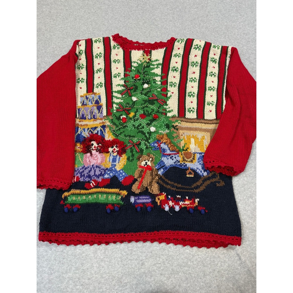 Tiara International Vintage Christmas Sweater Large Red 3D Toys Tree Ramie Blend